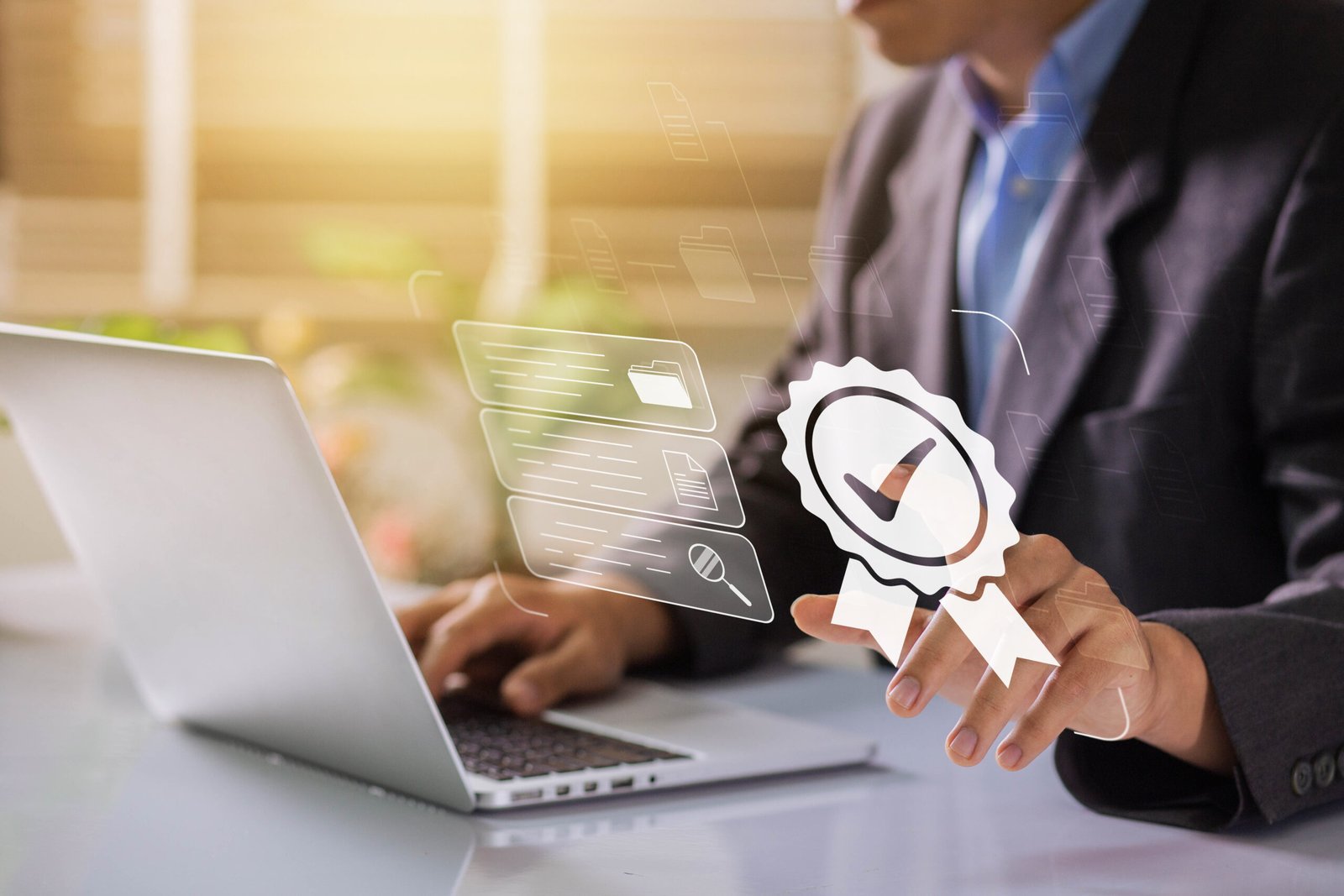 businessman working labtop with check mark document symbol standard quality control concept iso service international standards quality assurance is certified scaled