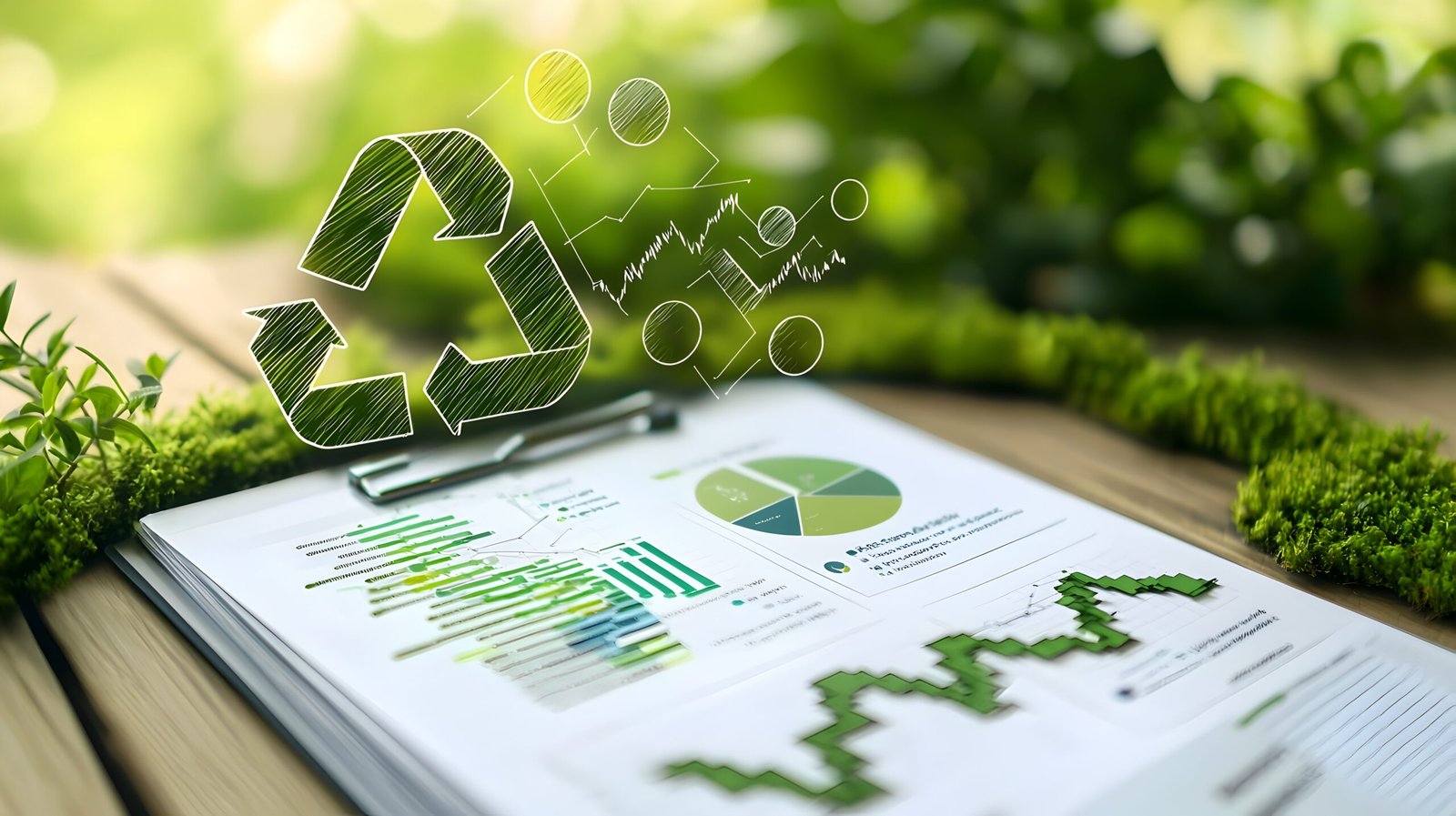 eco report layout with green charts icons illustrating successful climate action plans scaled